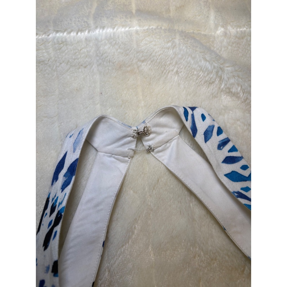 WHBM dress Blue White Geometric Diamond Print Halter Fit & Flare Sunburst Belted - Picture 5 of 11
